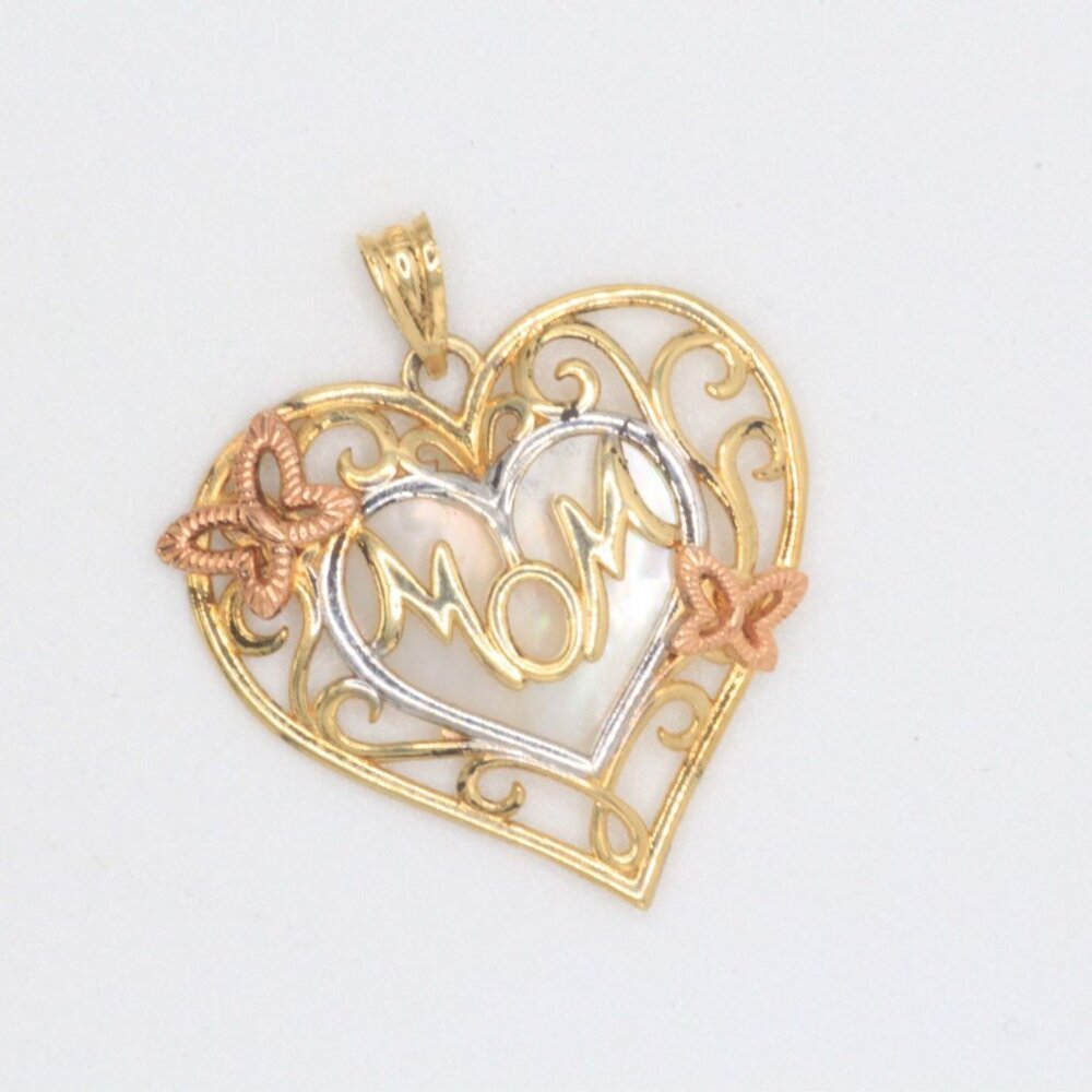 10k Solid Gold Mom Script Word with Mother of Pearl Background Pendant - Picture 2 of 10